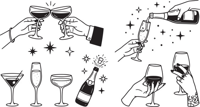 Hand Drawn Celebration Drinks and Toasting Hands Vector Set