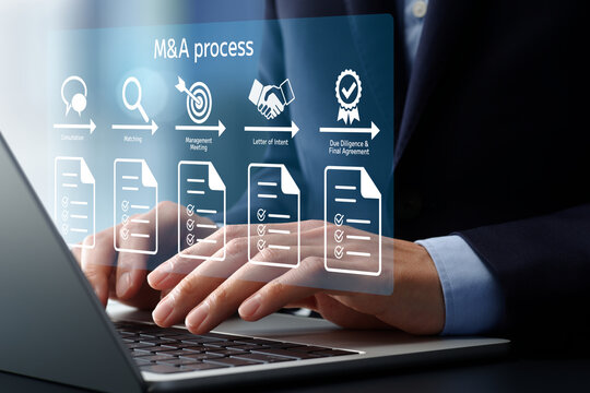 M&A process and strategy. M&A consultant matching buyers and sellers based on client information. Preparing documents for each stage. Businessperson using laptop computer.