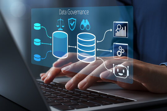 Data governance for integration, processing and analytics. Secure data monitoring and compliance policy. Businessperson using laptop computer.