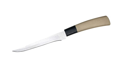Fototapeta premium Kitchen knife with a light colored handle rests against a black background