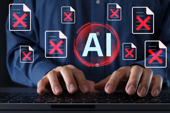 Low response quality and AI hallucinations. Limited reliability and reasoning errors in AI-generated content. Businessman typing on computer keyboard.