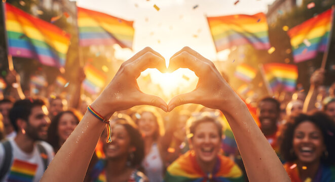 People making heart shape with hands at pride parade with rainbow flags at sunset