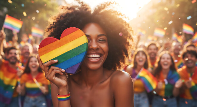 Happy woman holding rainbow heart at pride parade celebration with diverse crowd