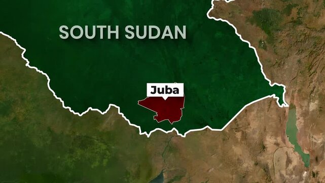 South Sudan animated motion map highlighting capital city Juba footage