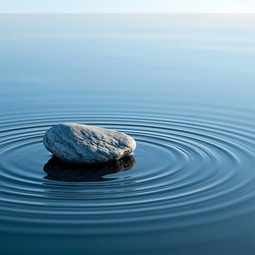 Macro abstract ripple pattern in pale blue water surrounding a single smooth stone, zen composition, realistic reflections, minimalist wellness concept, extensive negative space, premium stock
