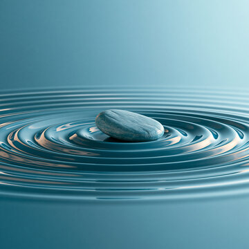 Macro abstract ripple pattern in pale blue water surrounding a single smooth stone, zen composition, realistic reflections, minimalist wellness concept, extensive negative space, premium stock