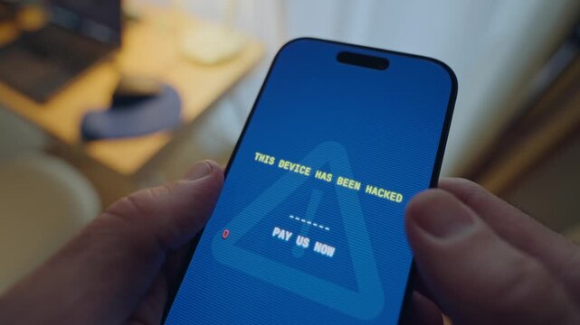 Close up on phone with message alert of ransom request from hacker group taking control over device from remote location. Spy or hacker seizing and locking private data and info for money extortion