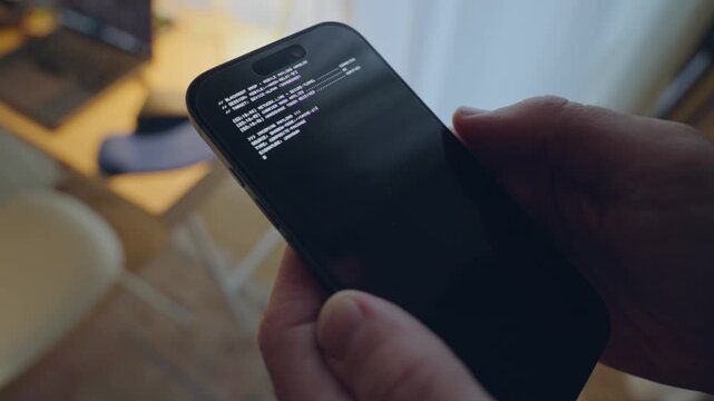 Hacker or spy installing and programming malicious software or app on phone in dark room at night. Person using mobile cellphone with malware virus or spyware for espionage and intelligence gathering