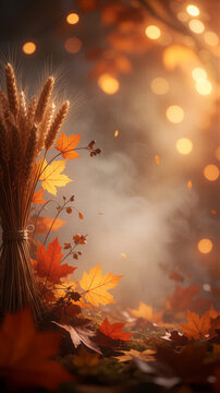 Autumn wheat sheaf and maple leaves with golden bokeh background