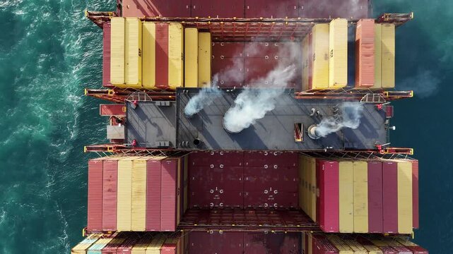 Smoke exhaust gas emissions carbondioxide from cargo lagre ship container ship,Marine diesel engine exhaust gas from combustion, Gas Emission Air Pollution from transportation. green house effect Eco.