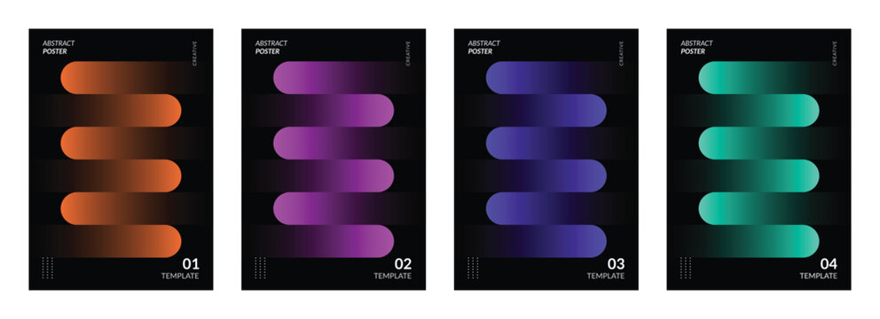 Abstract Gradient Wave Poster Collection, Modern Horizontal Rounded Bar Designs with Vibrant Color Transitions on Black Background, Creative Templates for Branding, Advertising, Social Media and Marke