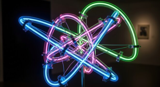 Neon light sculpture glowing with colorful blue green pink atomic orbital tubes inside a dark art gallery space