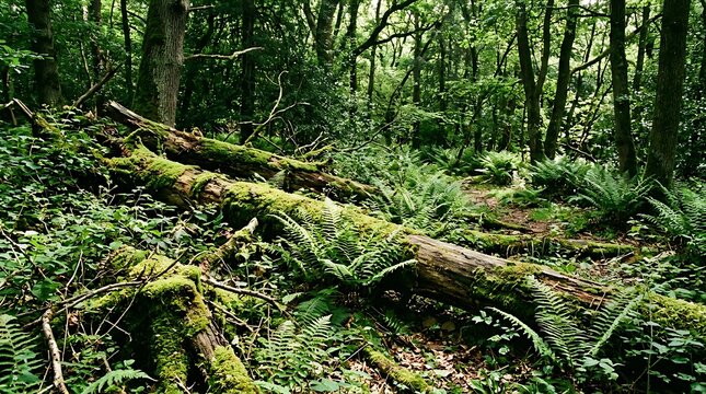 Dense green forest with mossy fallen tree trunks and ferns on the ground