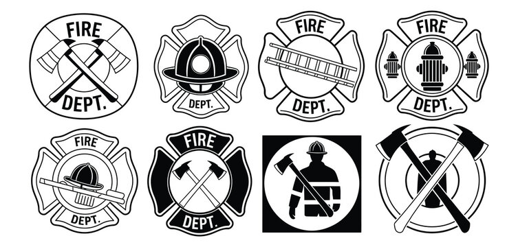 Firefighter Emblems featuring fire station logos and rescue symbols representing emergency response, public safety, bravery, protection, and lifesaving service