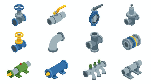 Assorted industrial valves and pipe fittings collection.
