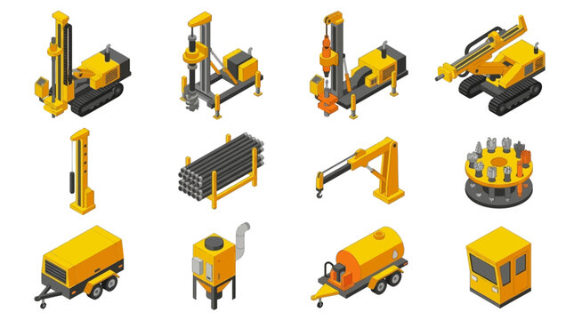 Collection of yellow construction machinery and equipment icons.