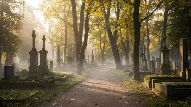 Historic graveyard in misty autumn forest at sunrise.