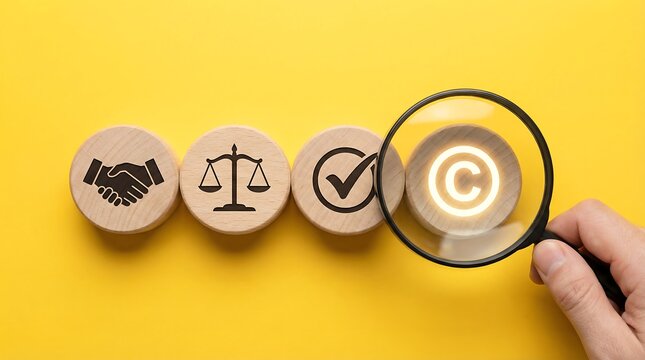 Hand magnifying a glowing copyright symbol on a wooden block, surrounded by icons representing agreement, justice, and approval, on a vibrant yellow background