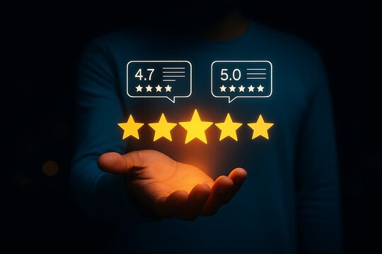 Person's hand holds up five glowing gold stars with customer review ratings of 4.7 and 5.0, symbolizing excellent service, product quality, and positive feedback in a dark, impactful setting.