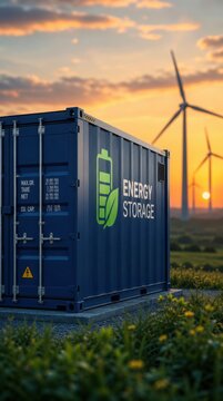 A blue energy storage container in a green field with wind turbines and a sunset sky in the background, symbolizing renewable energy and sustainability.