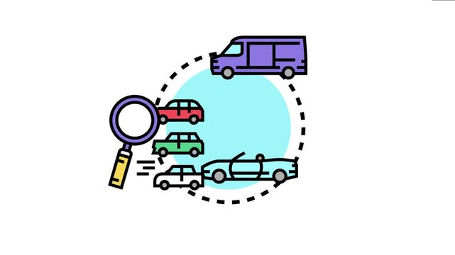 Magnifying glass examining various vehicles including a van, cars, and convertible, the concept of car mileage validation and vehicle authenticity