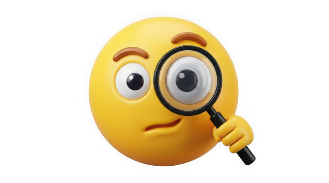Yellow emoji face holding a magnifying glass to look close