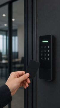 A person is holding a black access card near a digital keypad entry system on a glass door.