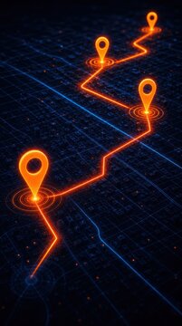 A glowing digital map displays a neon orange route connecting multiple location pins on a dark grid background, symbolizing navigation or tracking.