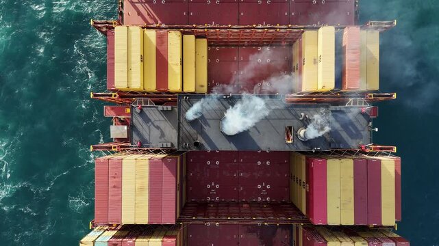 Smoke exhaust gas emissions carbondioxide from cargo lagre ship container ship,Marine diesel engine exhaust gas from combustion, Gas Emission Air Pollution from transportation. green house effect Eco.