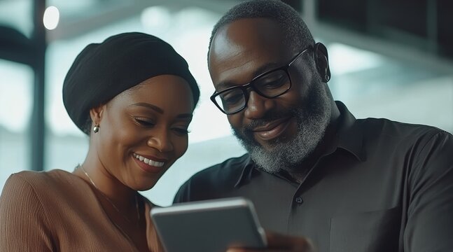 Middle aged couple looking at a digital tablet together with happy expressions indoors