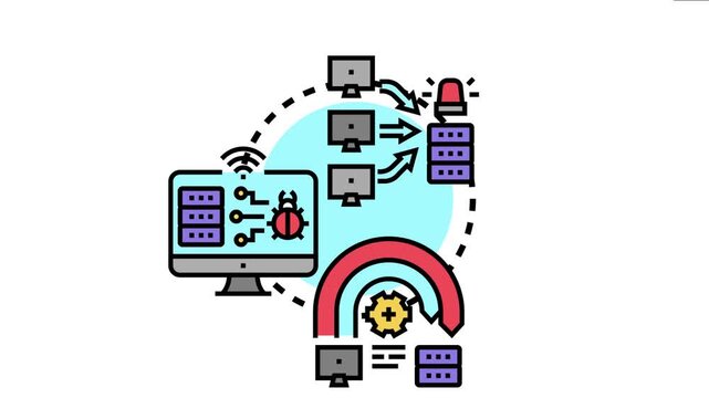 Digital computers launching a distributed denial of service attack on a server, causing system vulnerability and data overload, indicating online security threats