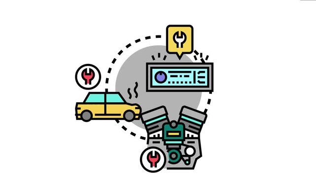 Vehicle diagnostics showing engine troubleshooting, and a broken car needing service, representing professional automotive maintenance and garage works