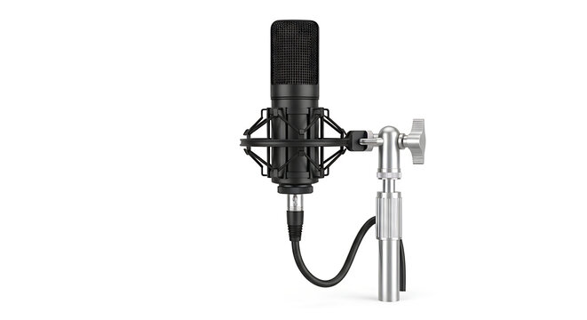Black microphone on stand with pop filter
