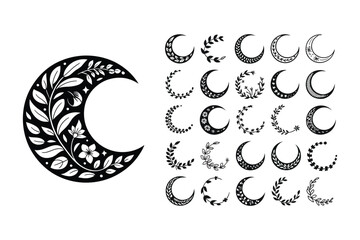 Moon Icons with floral details and crescent shapes isolated on white background for celestial themes, mystical designs, astrology, and decorative artwork © RIFAT01