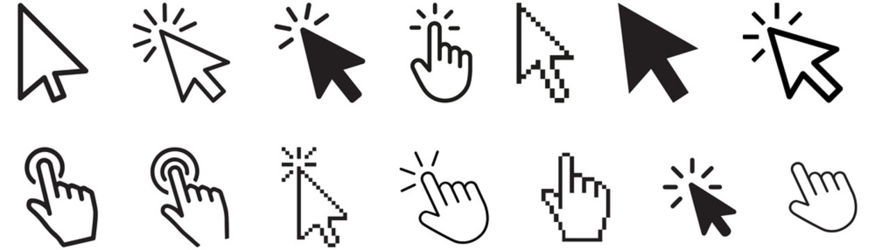 Hand cursor icons set in various styles