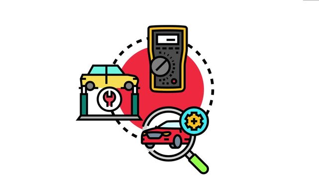 Car servicing and diagnostics concept featuring a vehicle on a lift, a car under a magnifying glass, and a multimeter for auto maintenance and repair