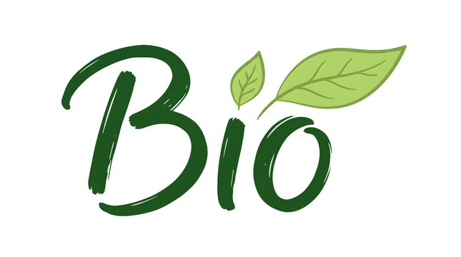 Handwritten bio word with green leaves illustration