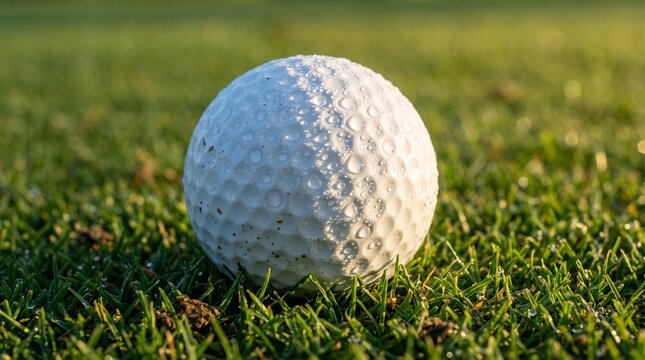 A white golf ball rests on vibrant green grass covered in water droplets