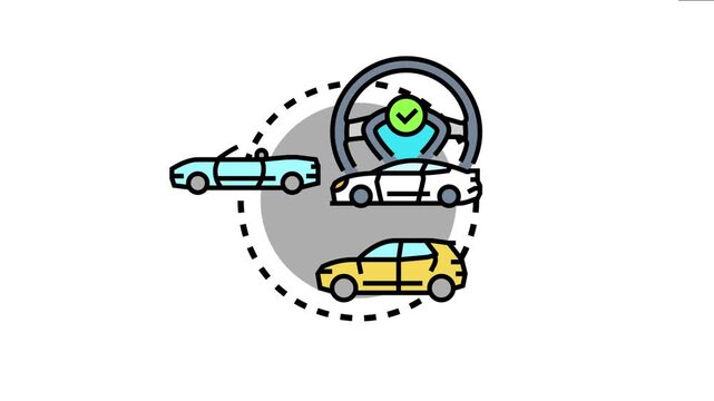 Car icons illustrate a test run concept, symbolizing vehicle inspection, quality assessment, and diagnostic checks for automotive safety and performance