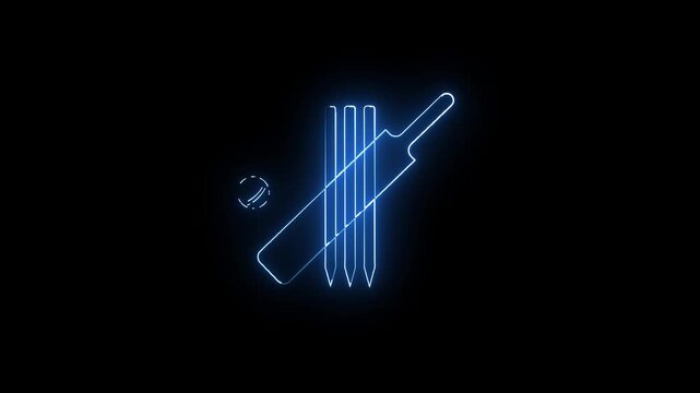 animated glowing neon line art icon of cricket bat wickets and ball concept.