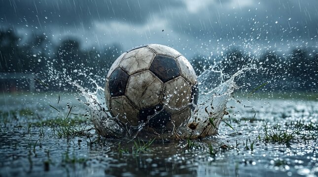 Soccer ball impacting wet grass during a rainy match
