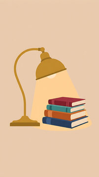 Desk lamp illuminating a stack of colorful books