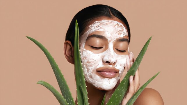 Woman with skin care mask and aloe vera on neutral background