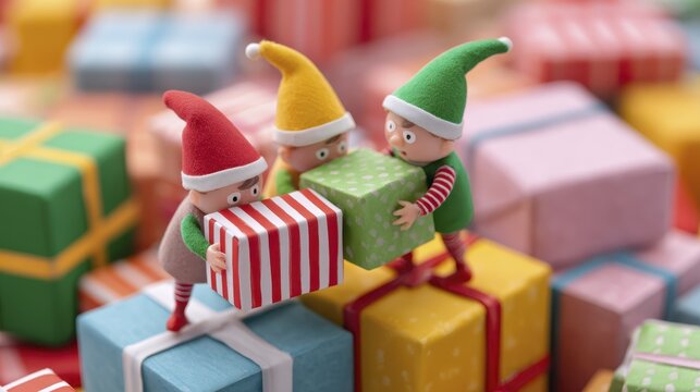 Playful elves stacking colorful holiday gifts in festive scene