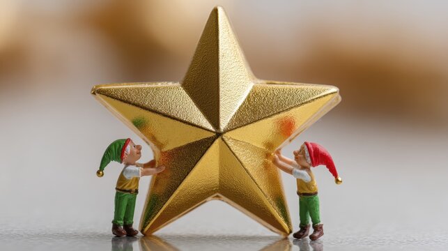 Miniature elves decorating a giant golden star for holiday cheer