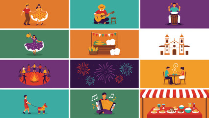 Fototapeta premium Vibrant vector illustration showcasing colorful Brazilian cultural elements for traditional June festive celebration and joyful events