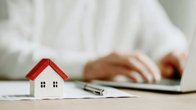 Miniature house model on paper with pen and person typing on laptop in home office setup