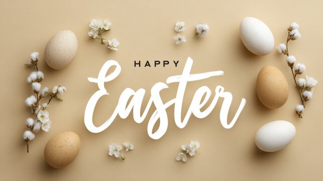 Elegant easter celebration with decorated eggs and cherry blossoms on beige background