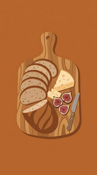 Sliced bread cheese and figs on a wooden board illustration