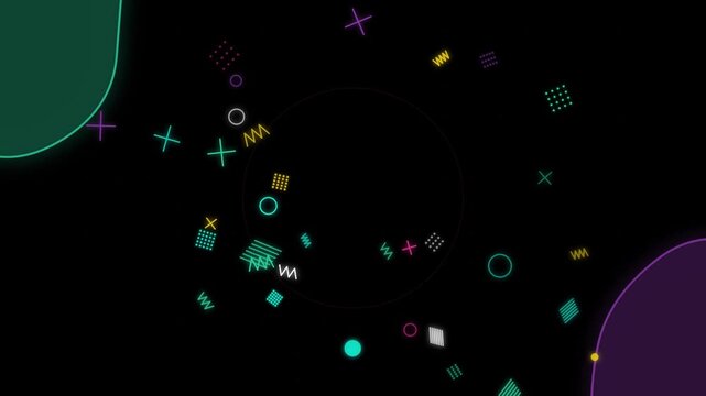 Abstract memphis style motion background featuring floating geometric shapes and neon graphic elements dancing in fluid cinematic animation for digital video project.